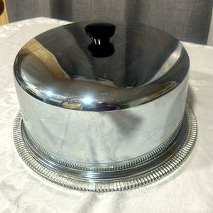 Vintage cake safe / glass footed plate, chrome topper, hard black lid